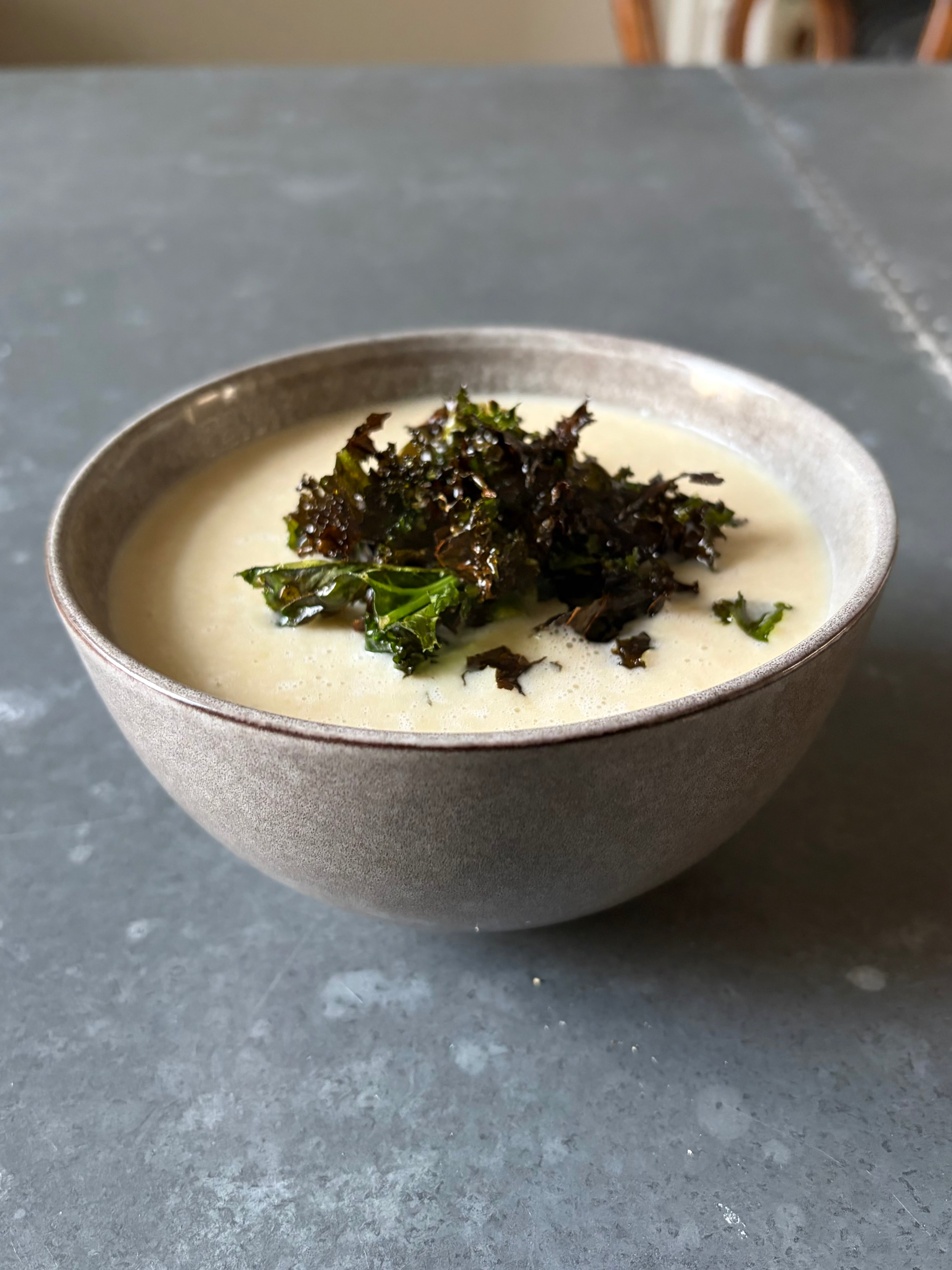 High protein cauliflower cheese soup with crispy kale, simple low calorie meal